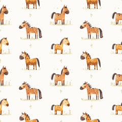 Seamless vector pattern, cute watercolor horses