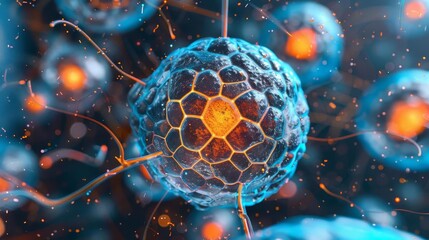 Stock photo featuring a 3D rendering of a human cell, vividly detailed to show the complex structures inside, perfect for educational and scientific visualizations