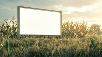 Empty billboard in green corn field and sky with clouds on background - image with copy space,...