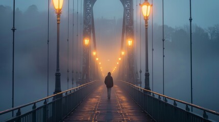 Silent Morning Walk: Capture a person walking or cycling along the bridge's pedestrian path during dawn, with fog creating a serene and almost mystical atmosphereş Generative Aİ - Powered by Adobe