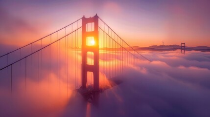 Sunrise Glow through Fog: Capture the soft glow of the sunrise filtering through the fog around the Golden Gate Bridge, casting a warm and golden hue over the sceneş Generative Aİ