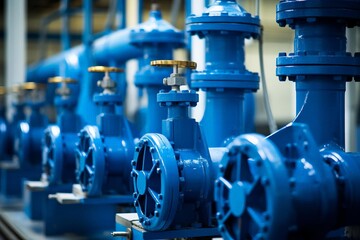 A row of blue valves are lined up next to each other