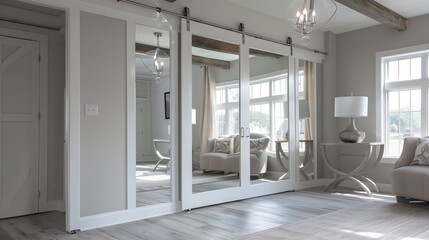 Sliding barn doors with mirrored panels and brushed nickel hardware