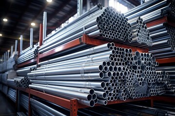 A rack of metal pipes is stacked in a warehouse