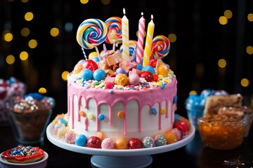 A colorful birthday cake with lollipops and candles on top