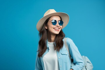 A woman wearing a hat and sunglasses is smiling and holding a backpack