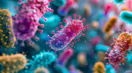 Obraz premium Stock photo of abstract representations of bacteria and viruses, showcasing a variety of colorful, grampositive bacteria, ideal for illustrating probiotic benefits