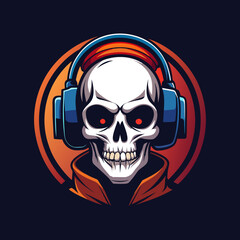 Hand drawn skull listening to music in headphones. Vintage dead head on dark color background
