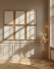 A mockup of six blank wooden frames on the wall in an elegant, Scandinavian-style interior with light wood flooring and white cabinets