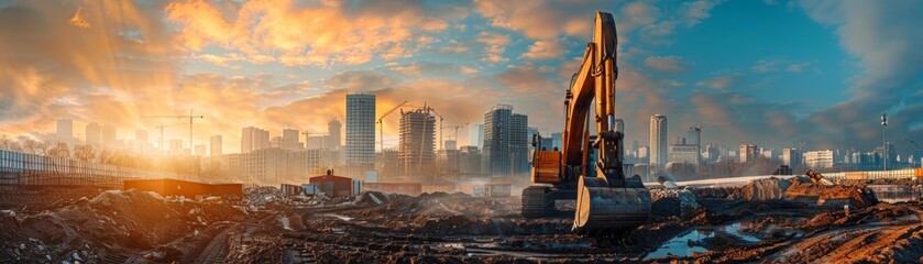 Stock photo of an urban construction site with a panoramic view of the city in the background, illustrating the scale and impact of construction on city landscapes