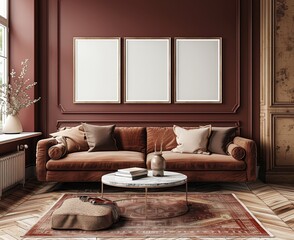 A mockup of three blank poster frames on the wall above an elegant, comfortable sofa in front of maroon walls, with brown leather accents and wooden flooring