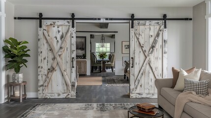 Sliding barn doors with white-washed wood panels and black metal hardware