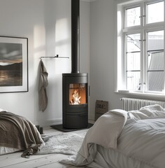 A modern black wood stove sits in the corner of an open plan bedroom with white walls. Hanging on hangers next to it are two empty posters on one wall, the interior design style is Scandinavian