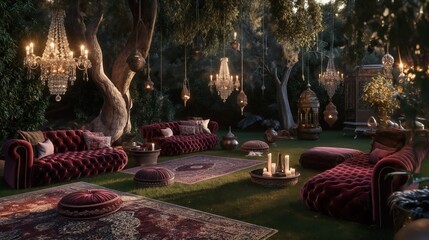 An elegant outdoor cocktail area with luxurious velvet lounges, crystal chandeliers hanging from trees, and ornate rugs on the grass.