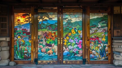 Stained glass door with colorful panels depicting nature scenes