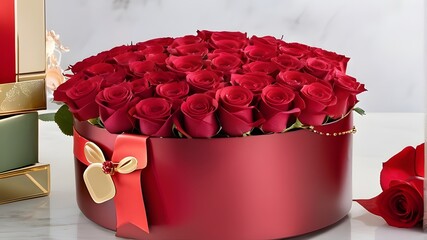 "Indulge in the beauty of a stylistic gift presentation, featuring a range of visually descriptive and detailed elements, reminiscent of a bouquet of fresh roses."