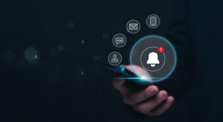 Notification business connectivity concept for digital communication with captivating email and marketing notifications. Businessman using mobile phone. Explore the future of internet technology.