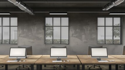 Office coworking interior with pc computers in row and window. Mockup wall hyper realistic 