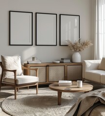 A photo of three black frames with white background hanging on the wall in living room, scandinavian interior design, cozy atmosphere, beige armchair and sofa, wooden coffee table, carpet, books