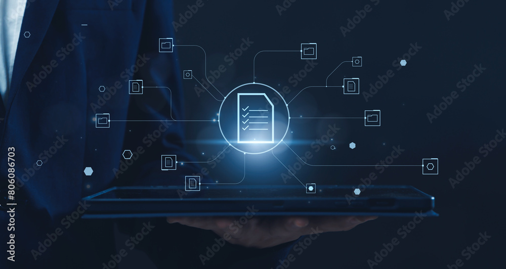 Poster businessman using tablet managing folder data and document management system dms, information comput