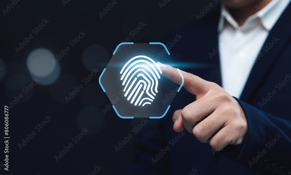 Poster digital internet security and verification of business person using fingerprint to verify identity f