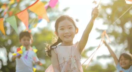 A happy girl flying kites with her family in the park