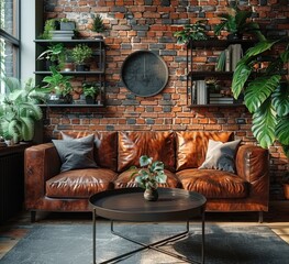 A realistic photo of an old brick wall in the interior, a leather sofa and black metal coffee table near it, shelves on both sides, green plants, warm light, natural lighting