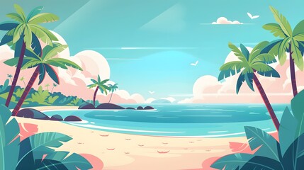 Obraz premium Tropical paradise with serene beach and palm trees