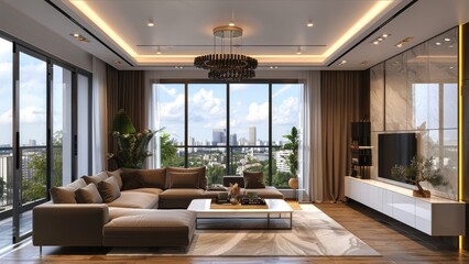 modern living room with high ceiling and large window, interior design, bright daylight, black chandelier hanging above the sofa, white cabinet on right wall, wooden floor, city view