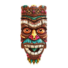 Vibrant and intricately carved wooden Tiki mask, a symbol of Polynesian cultural heritage and artistic craftsmanship