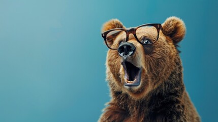 Expression of shocked brown bear wearing glasses on blue background. AI generated image