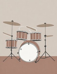 A basic drum kit with a bass drum, snare, and a couple of cymbals in a flat style