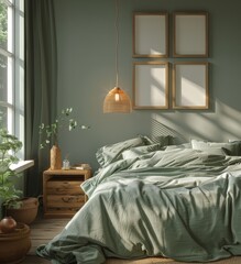 An interior design scene of a bedroom with green linen bedding, wooden furniture and decor, natural light coming through the window, three empty wall frames above the bed for mockup