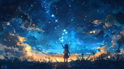 A young girl reaches towards a mesmerizing night sky filled with stars and swirling colors, blending dreams with reality, Digital art style, illustration painting.