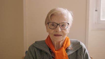 Senior woman looking at camera sitting on nursing home