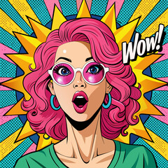 Wow pop art face. surprised woman with pink curly hair and open mouth holding sunglasses 