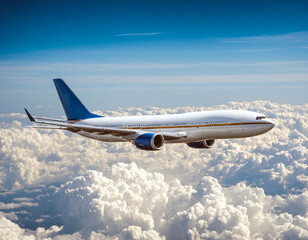 .Large passenger air liner flies against the background of clouds.