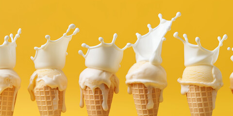Five vanilla ice cream cones in a row against a yellow background, each captured in a moment of dramatic milk splash. Ideal for vibrant dessert marketing or summer themed visual content
