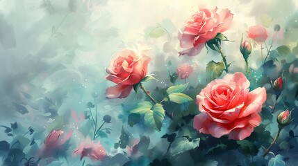 Delicate and ethereal pink roses bloom amidst a misty, dream-like watercolor garden setting, evoking a serene and tranquil mood, Digital art style, illustration painting.