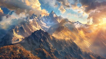 A breathtaking mountain landscape with jagged peaks and dramatic clouds, bathed in golden sunlight,...