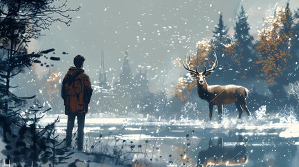 A serene digital painting of a man in an orange jacket observing a majestic stag in a snowy, tranquil forest setting, Digital art style, illustration painting.