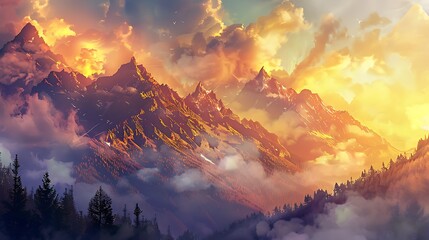 A breathtaking mountain landscape with jagged peaks and dramatic clouds, bathed in golden sunlight,...