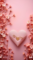 Pink heart shaped box with gold heart shaped lock surrounded by pink cherry blossoms