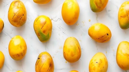 A bunch of ripe mangoes laid out on a white surface, their golden skin and sweet aroma promising a...