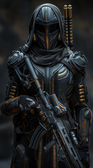 A mysterious character in a futuristic sleek armor-like black suit aims a gun with intensity