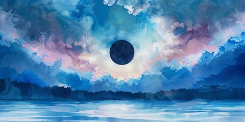 Blue and purple abstract watercolor painting of a solar eclipse over a lake
