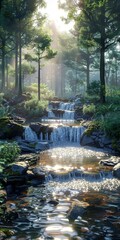 Small waterfalls in a dense green forest with bright sunlight shining through the trees
