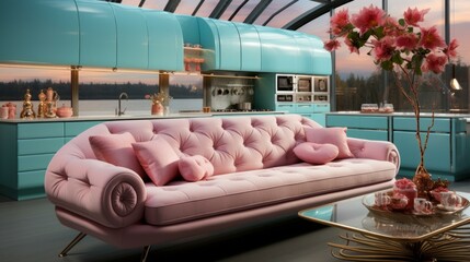 Retro futuristic pink and blue kitchen with large windows