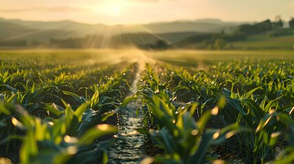 A field irrigation sprinkler system waters rows of lettuce crops on farmland in the Salinas Valley of central California, in Monterey County, on a partly cloudy day in spring.