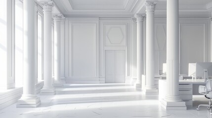 White office corner, columns, computer desks hyper realistic 